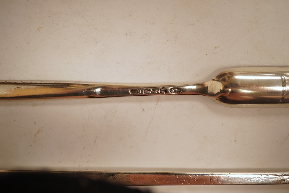 A George III silver meat skewer, with shell terminal and ring handle, Charles Hougham, London, 1780, 26.3cm, together with a George III silver marrow scoop, with engraved crest, Samuel Wintle, London, 1785.